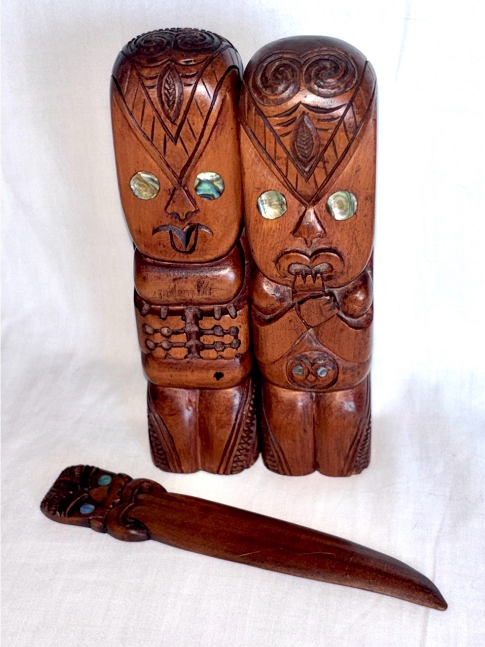 Vintage New Zealand Maori Carving Teko Teko Tiki & Wood Letter Opener Paua Shell